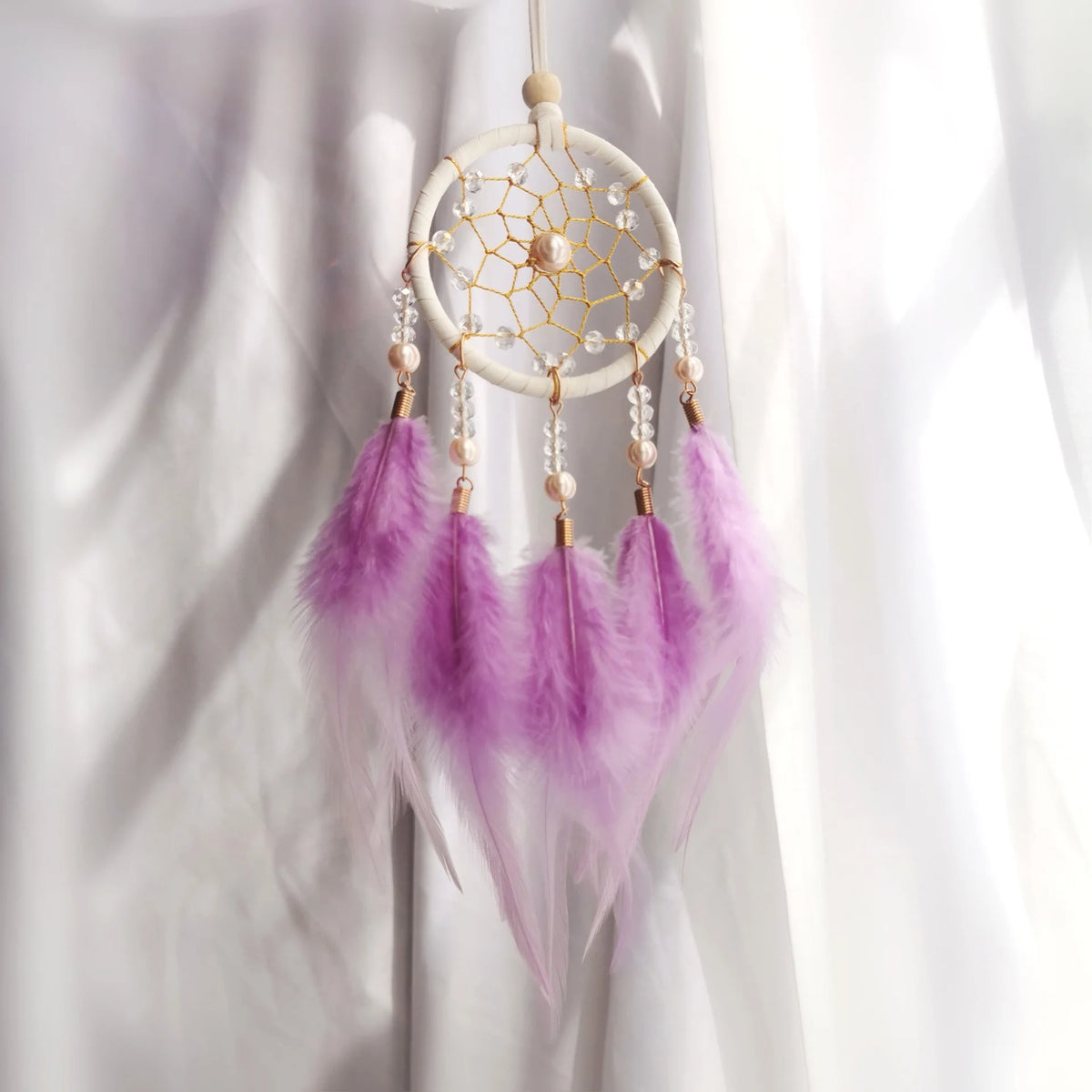 Boho Dream Catcher Ornament – Crystal Beads & Feathers Décor