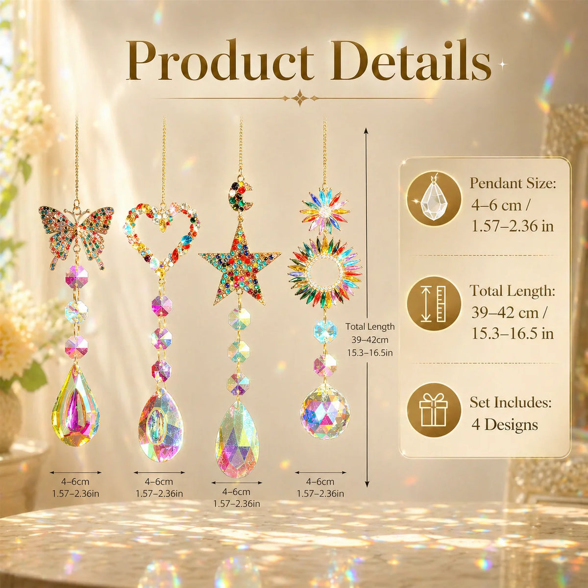 Crystal Suncatcher Set 4Pcs – Rainbow Window Hanging Ornaments