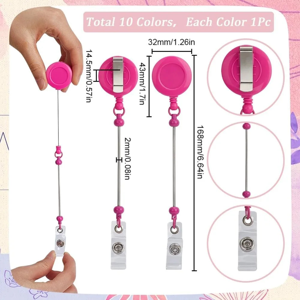 10-Pack Beadable Retractable Badge Reel Holders with Bar Clips