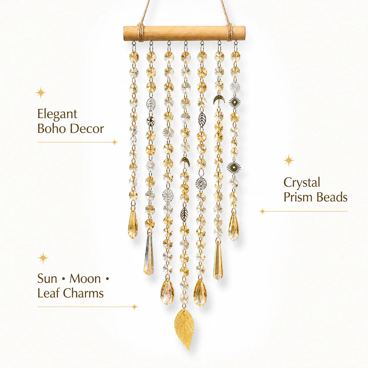 Boho Crystal Sun Catcher Hanging Decor – Sun Moon Leaf Charms