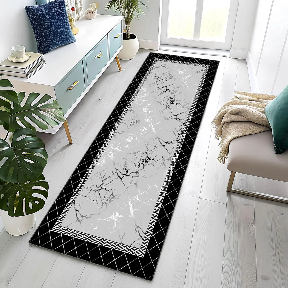 Black Gold Marble Runner Rug – Greek Key Non-Slip Carpet