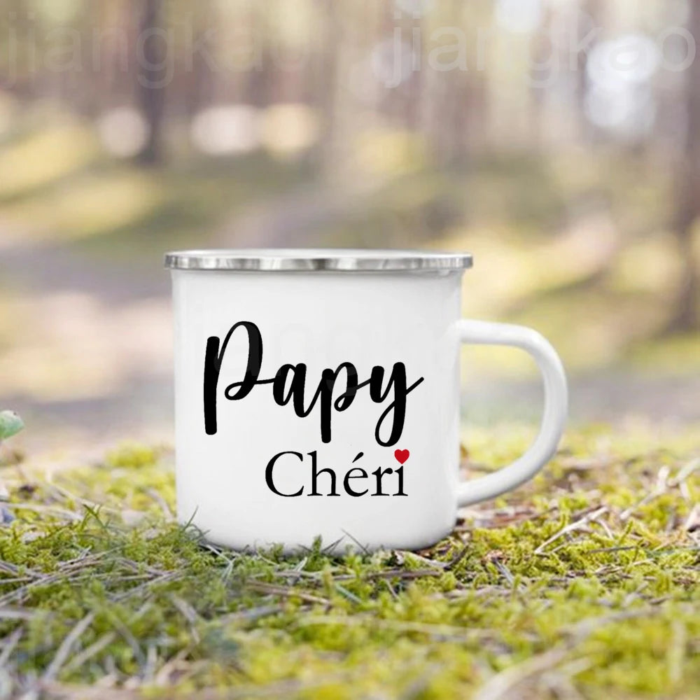 French Print Enamel Camping Mug – Family & Godparent Gift