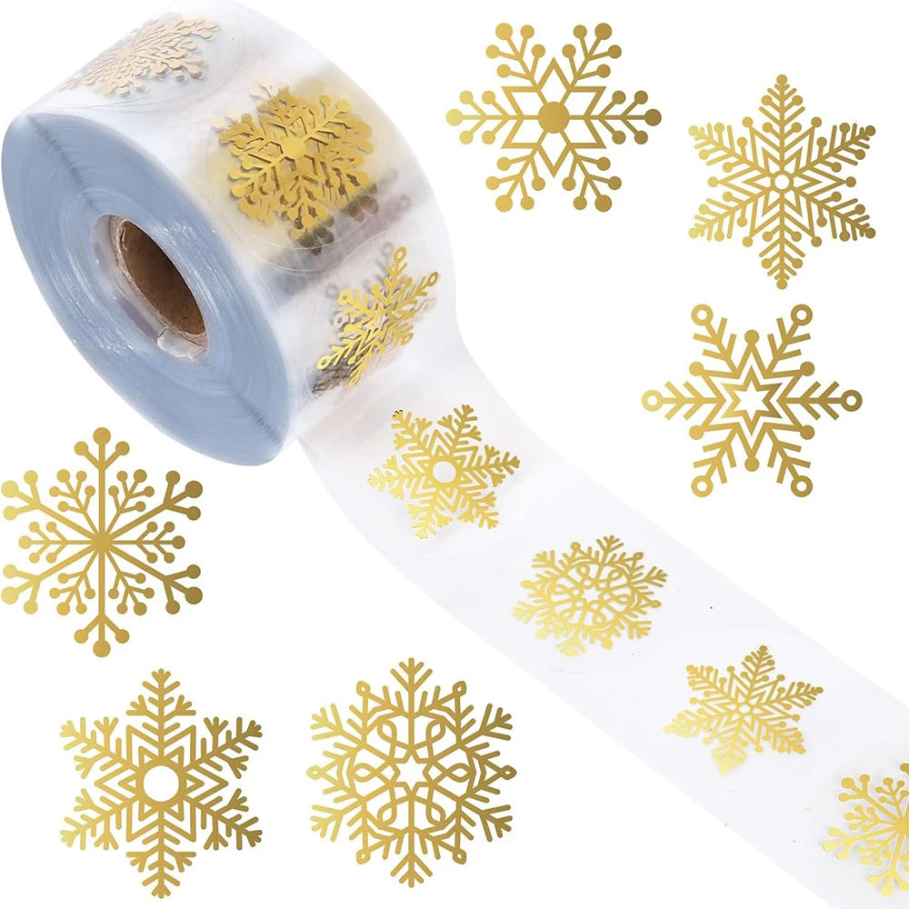 Gold Foil Christmas Snowflake Stickers – 500pcs Transparent Seals