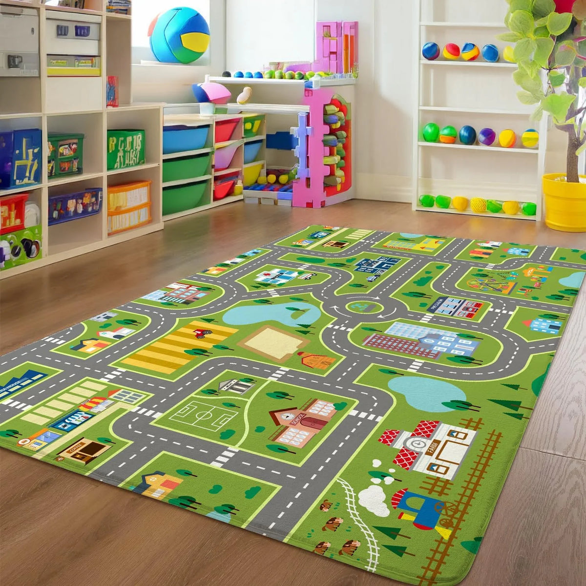 Kids City Map Play Rug – Non-Slip Washable Playroom Carpet