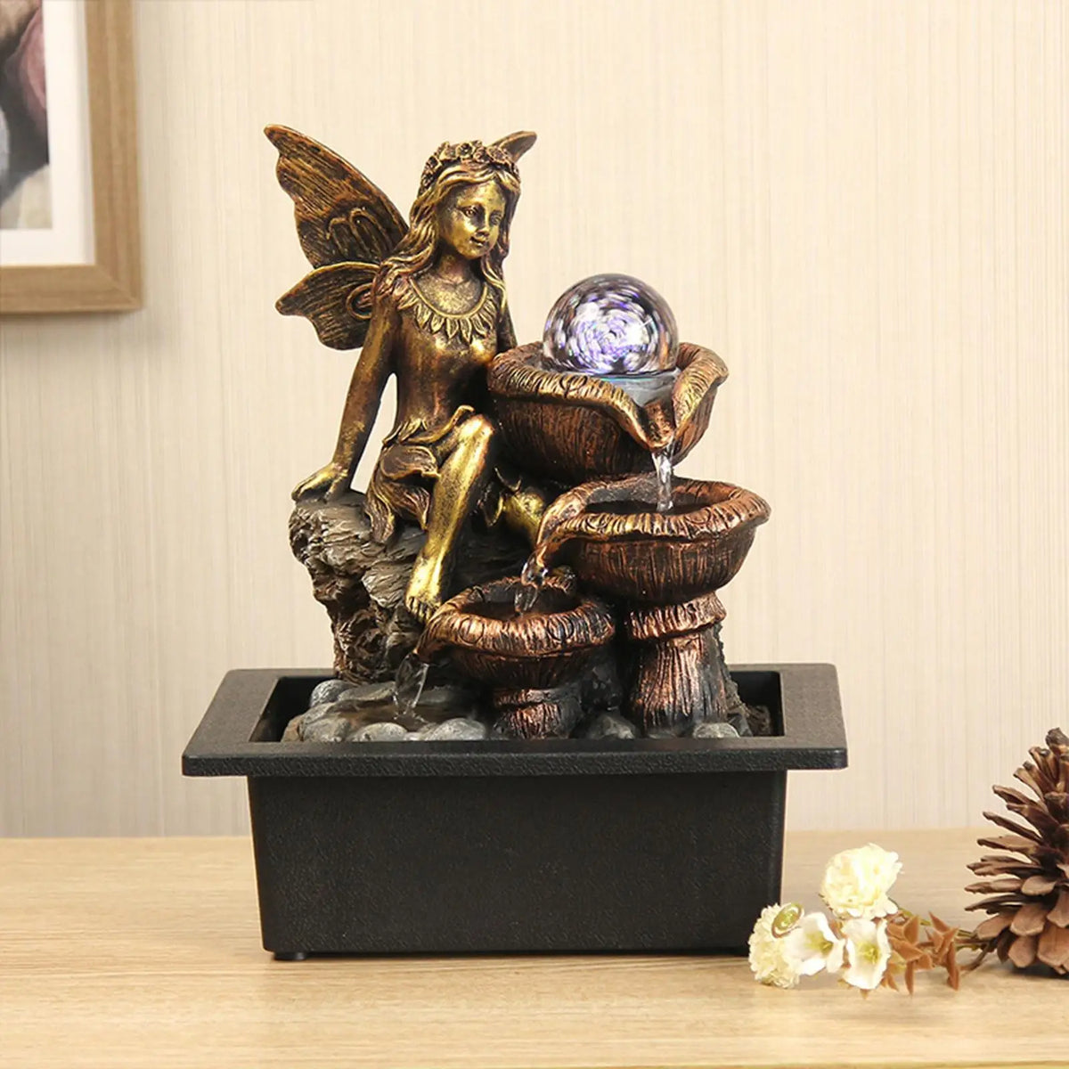 Resin Desktop Fountain Mini Waterfall with LED Rolling Light