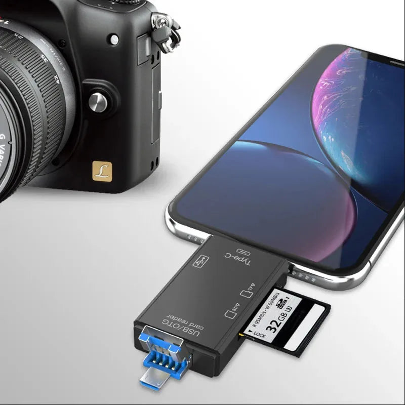 6-in-1 Type-C USB Card Reader – SD, TF, OTG Hub Adapter
