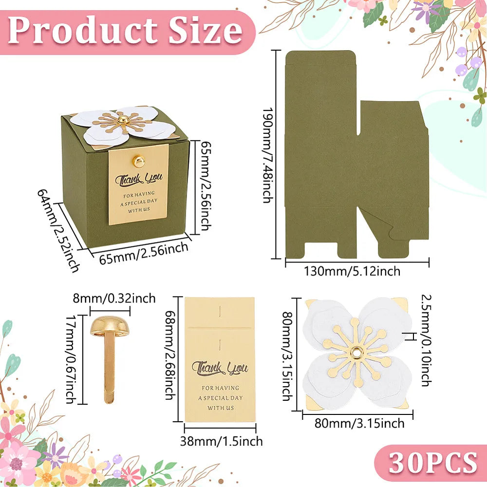 Dark Olive Green Gift Boxes with Flower & Cards – 30 Pack