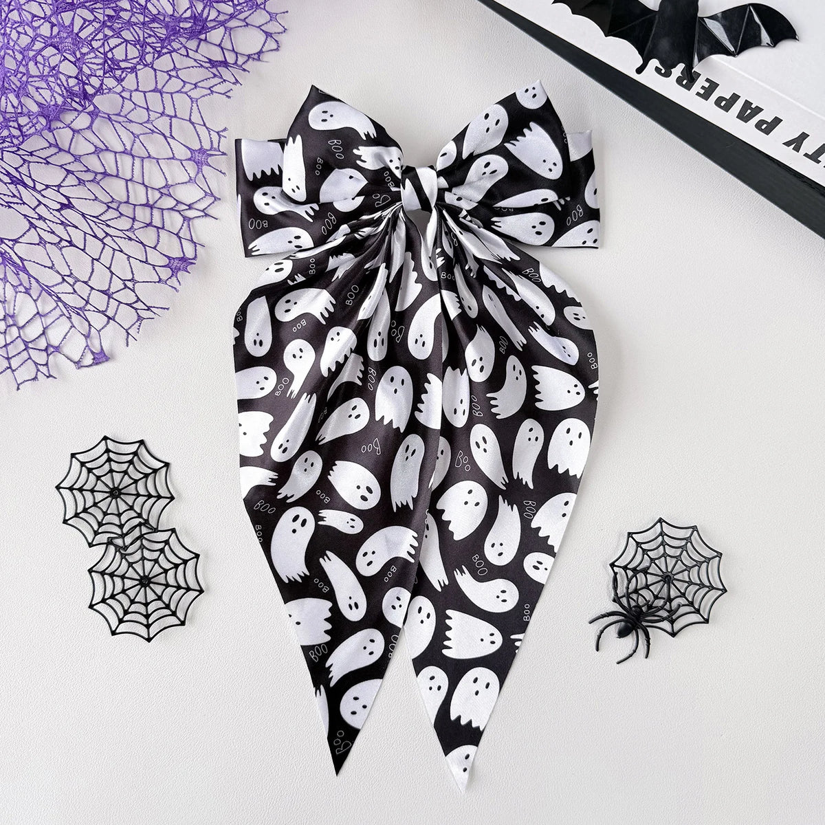 Halloween Satin Bow Hair Clip – Spider Web Pumpkin Barrette