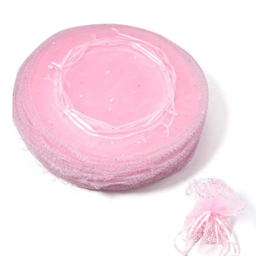 Round Organza Drawstring Gift Pouches – 10pc Sequin Tulle