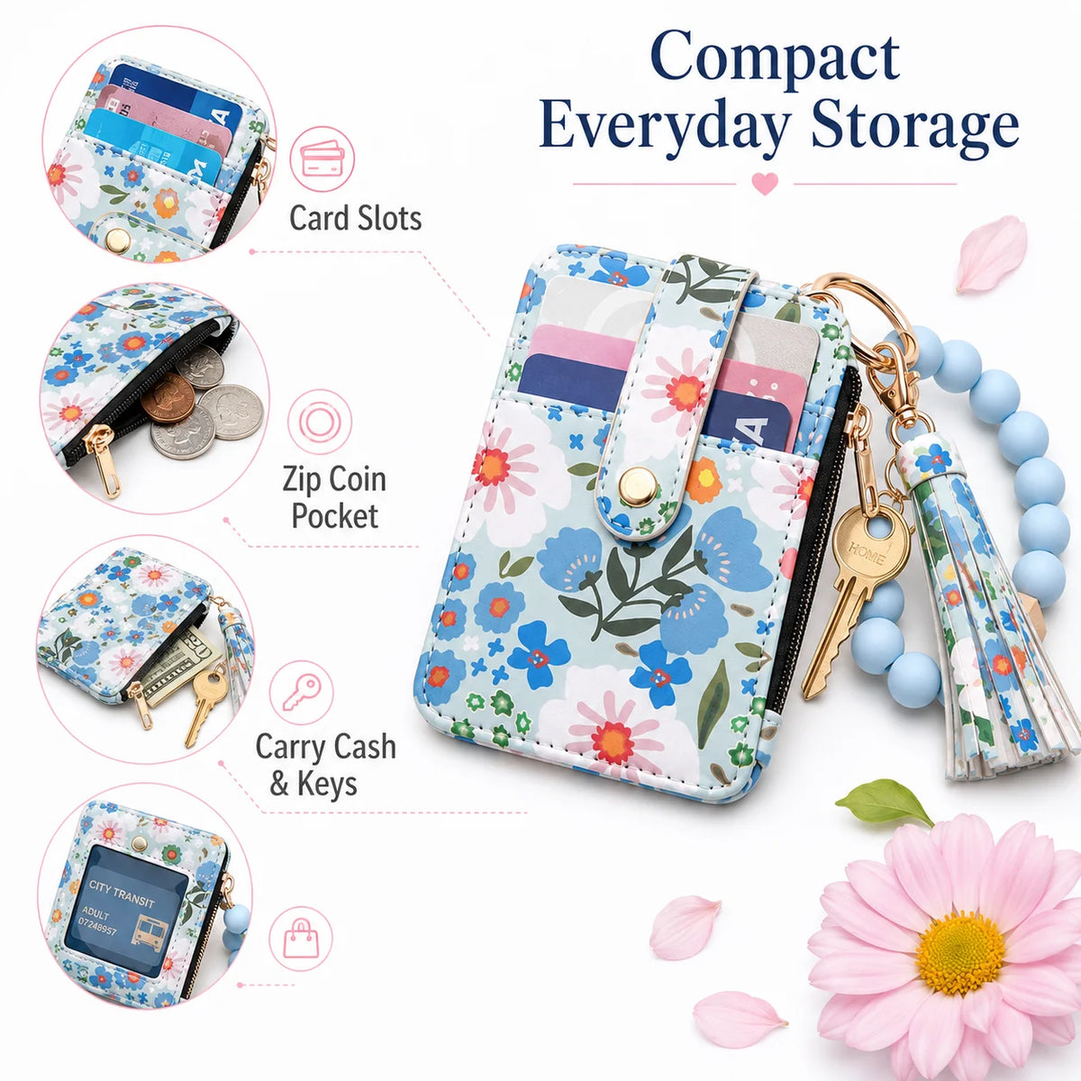 Floral PU Leather ID Card Wallet & Beaded Wristlet for Women