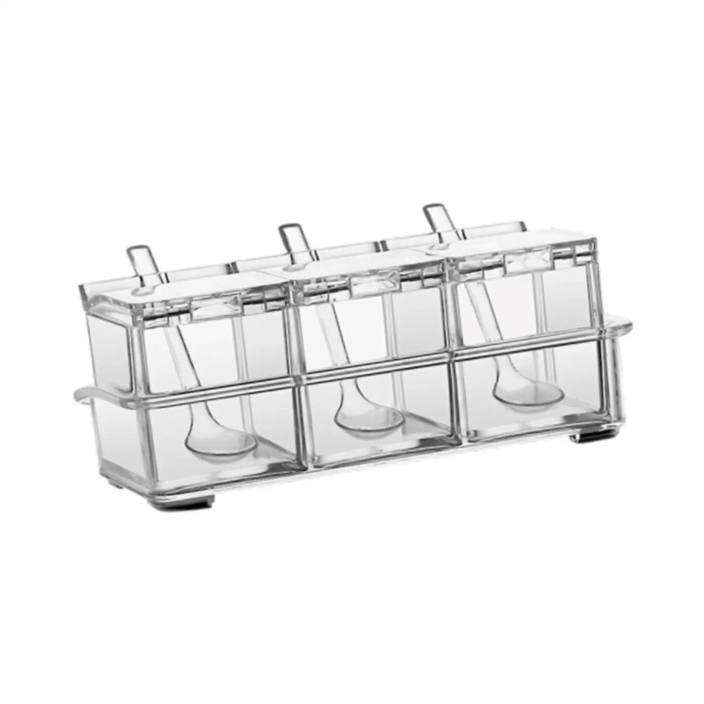 Clear 3-Compartment Airtight Spice Box Set with Spoon