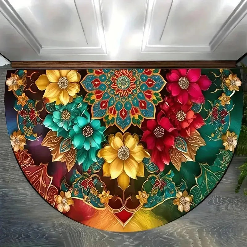 Vintage Mosaic Floral Half Round Doormat | Anti-Slip Welcome Mat