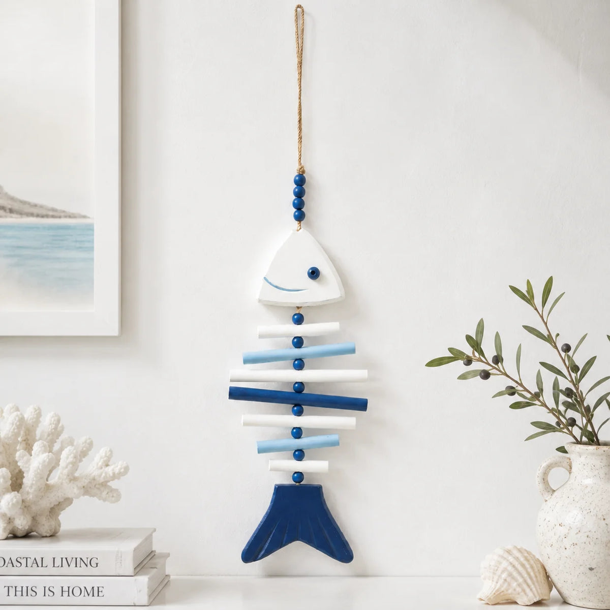 Wooden Fish Bone Wall Hanging – Blue White Nautical Coastal Decor