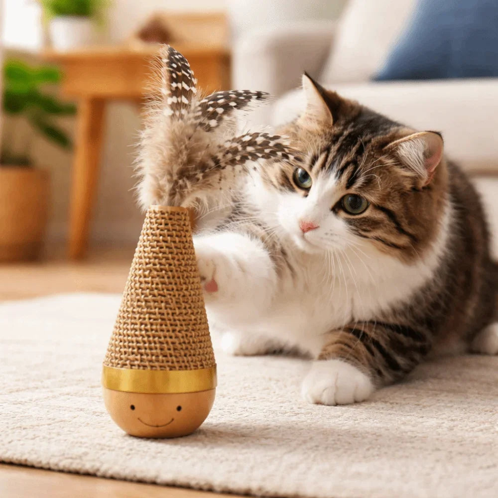 Interactive Cat Tumbler Wobbler Toy – Feather & Wooden Base
