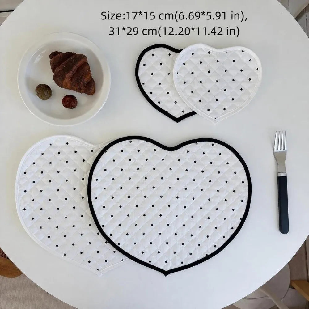 Heart-Shaped Quilted Fabric Placemat & Coaster – Polka Dot