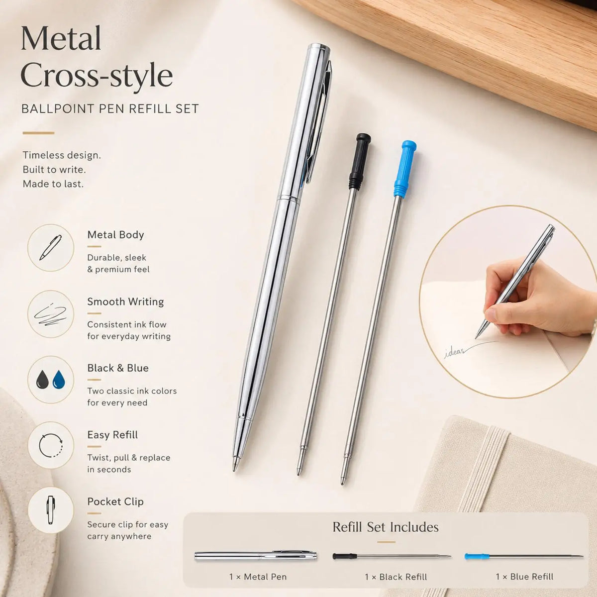 Metal Ballpoint Pen + 10 Refills | 1mm Smooth Writing Set