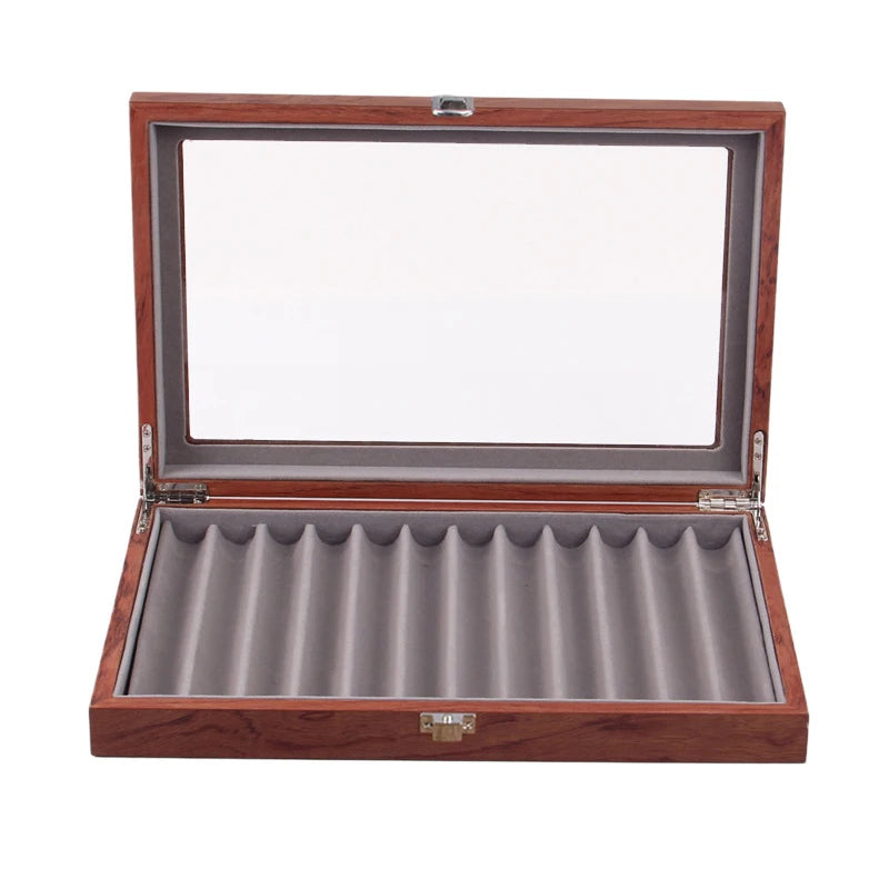 Wood & Glass Pen Display Case – 12-Pen Organizer Box with Lid