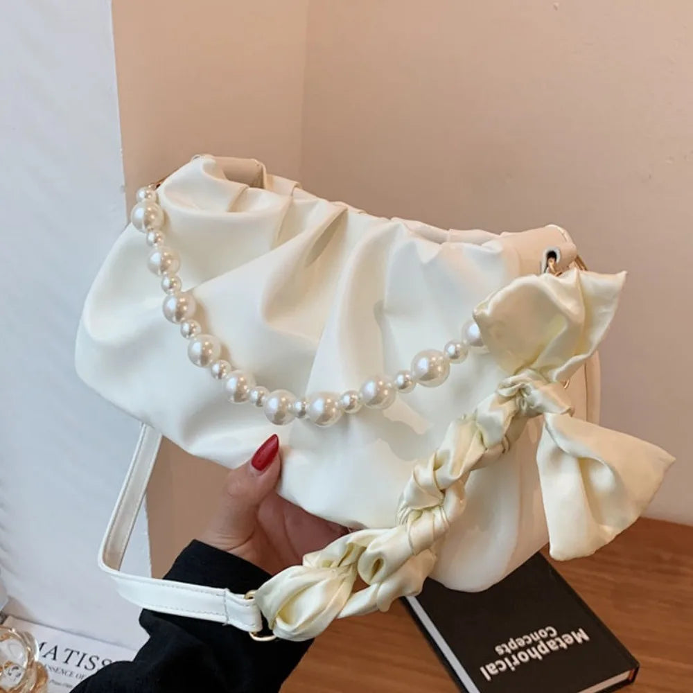 Pleated PU Leather Shoulder Bag with Pearl Detail | Women's Purse