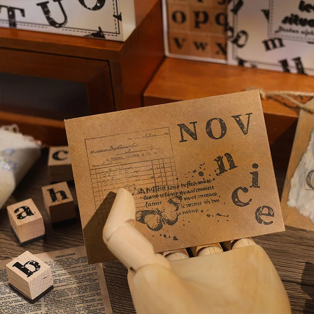 Vintage Broken Style Wooden Rubber Stamp Set – Letters & Numbers