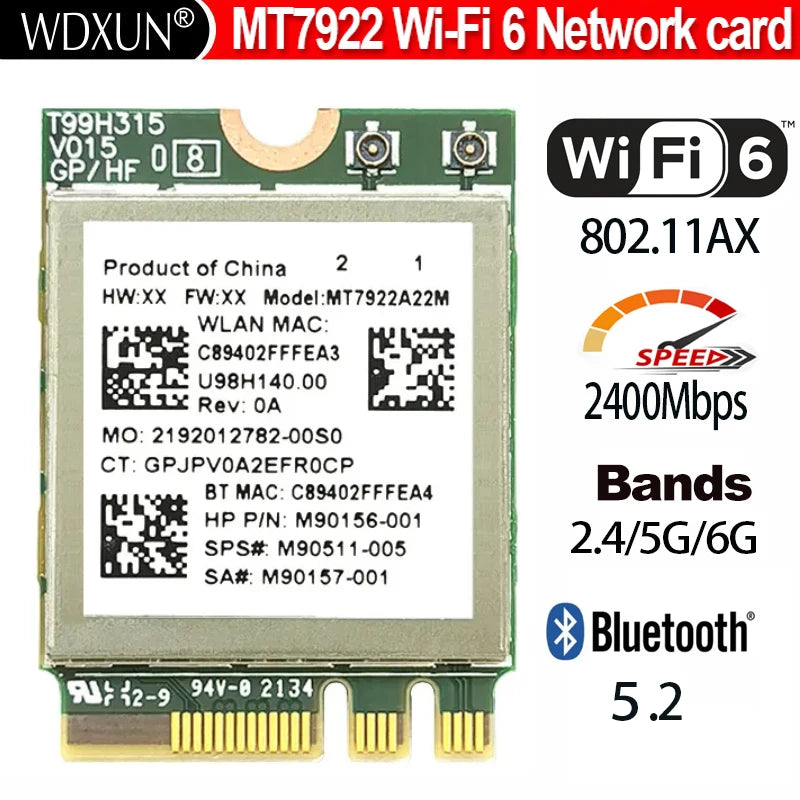 WiFi 6E MT7922 Tri-Band 2400Mbps M.2 NGFF Card + Bluetooth 5.2