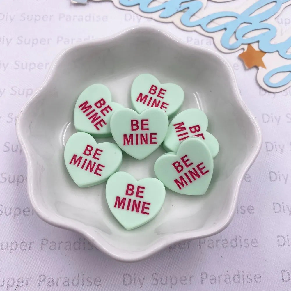 Resin Heart "BE MINE" Flat Back Cabochons – 10pcs DIY Crafts