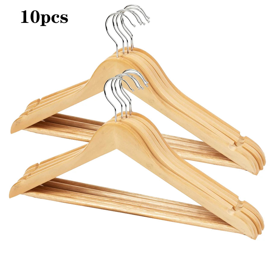 Solid Wood Coat Hangers with Non-Slip Pant Bar – 5/10 Pack