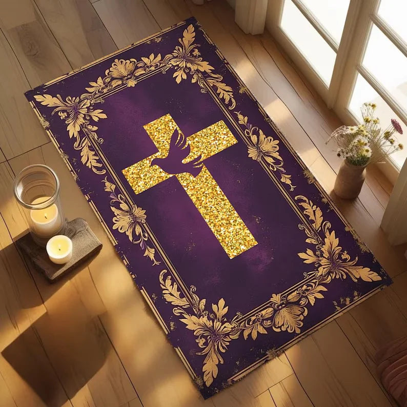 Purple Gold Floral Cross Prayer Rug – Non-Slip Christian Mat