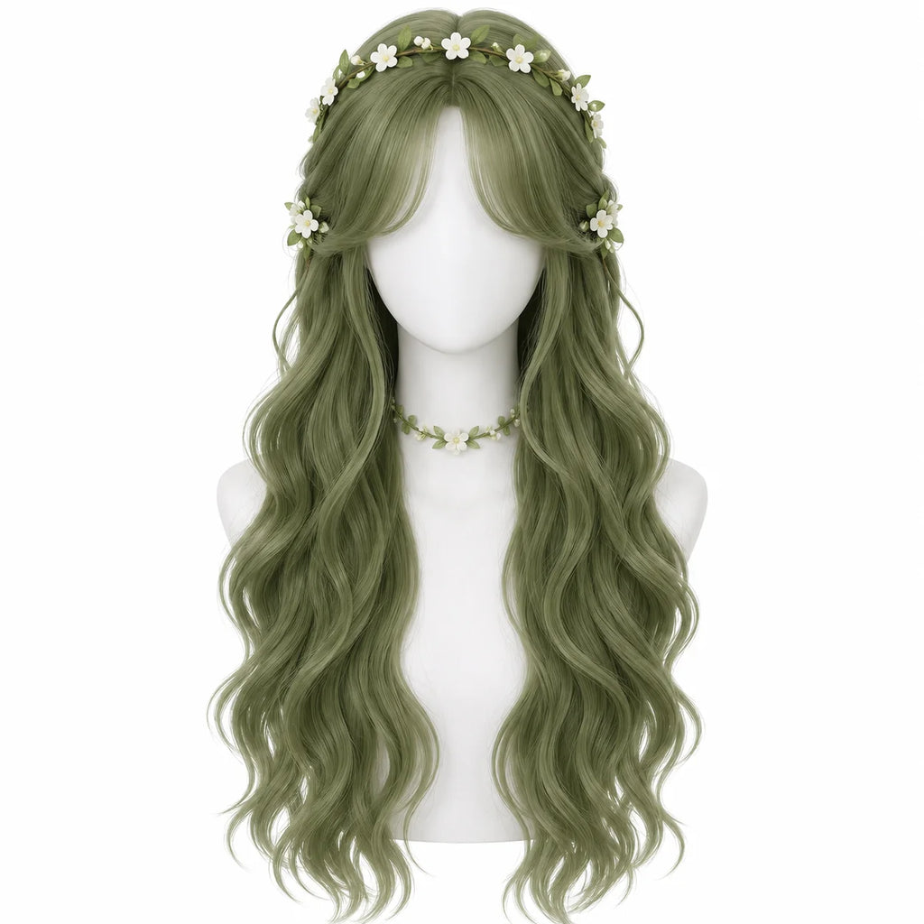 Dark Green Long Curly Wig – Wavy Middle Part Cosplay Hairpiece