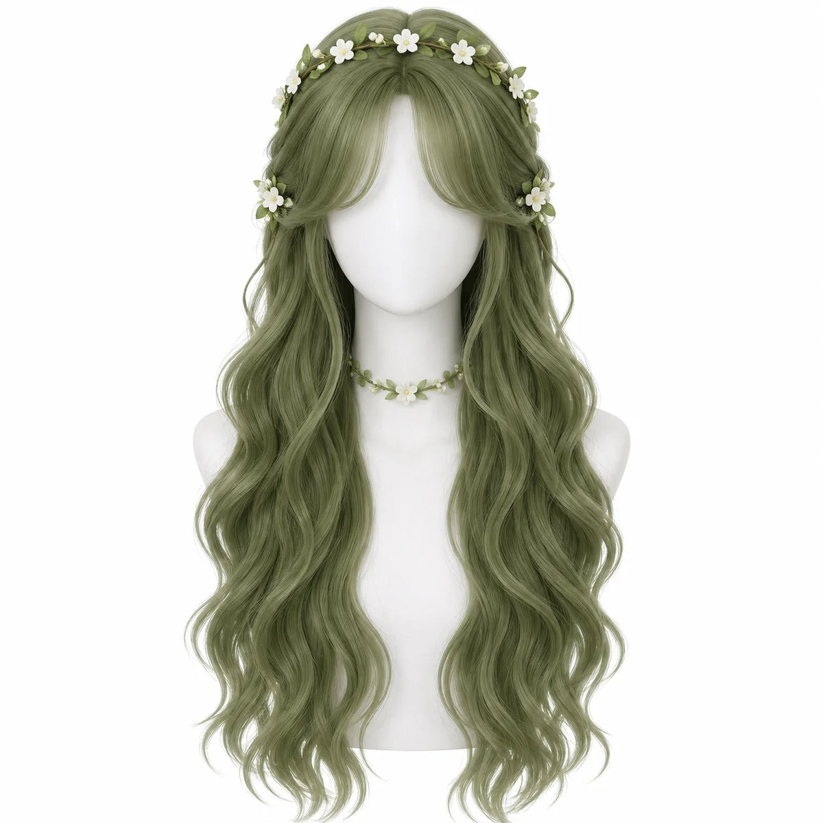 Dark Green Long Curly Wig – Wavy Middle Part Cosplay Hairpiece