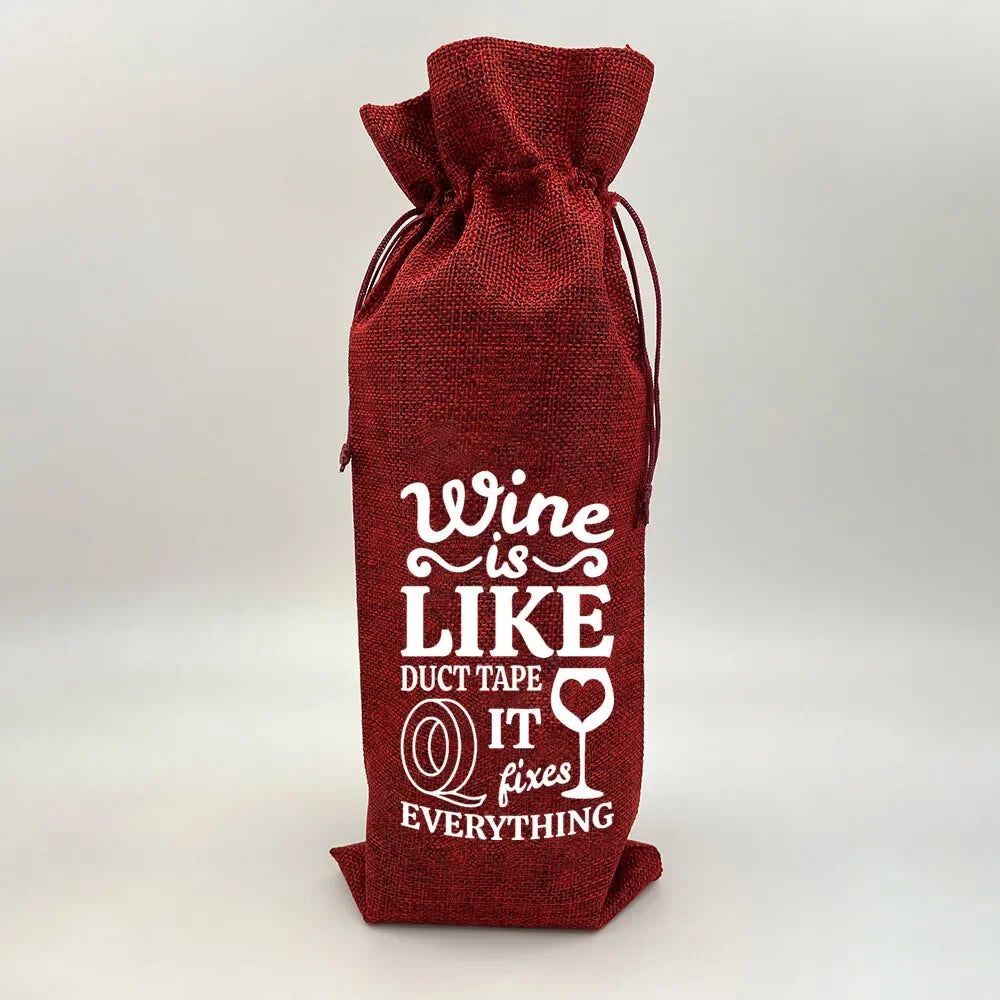 Wine Print Burlap Drawstring Bag – Reusable Eco Gift Pouch