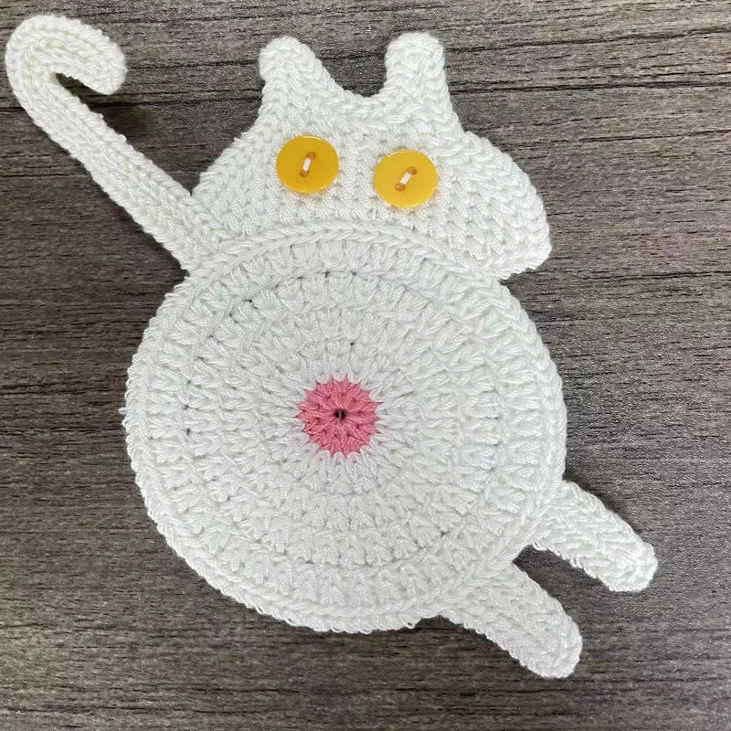 Handmade Crochet Cat Coaster – Knitted Felt Mug Pad Gift