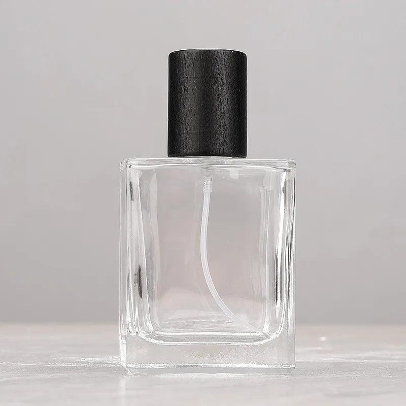 30ml Refillable Square Glass Perfume Spray Bottle Wooden Cap