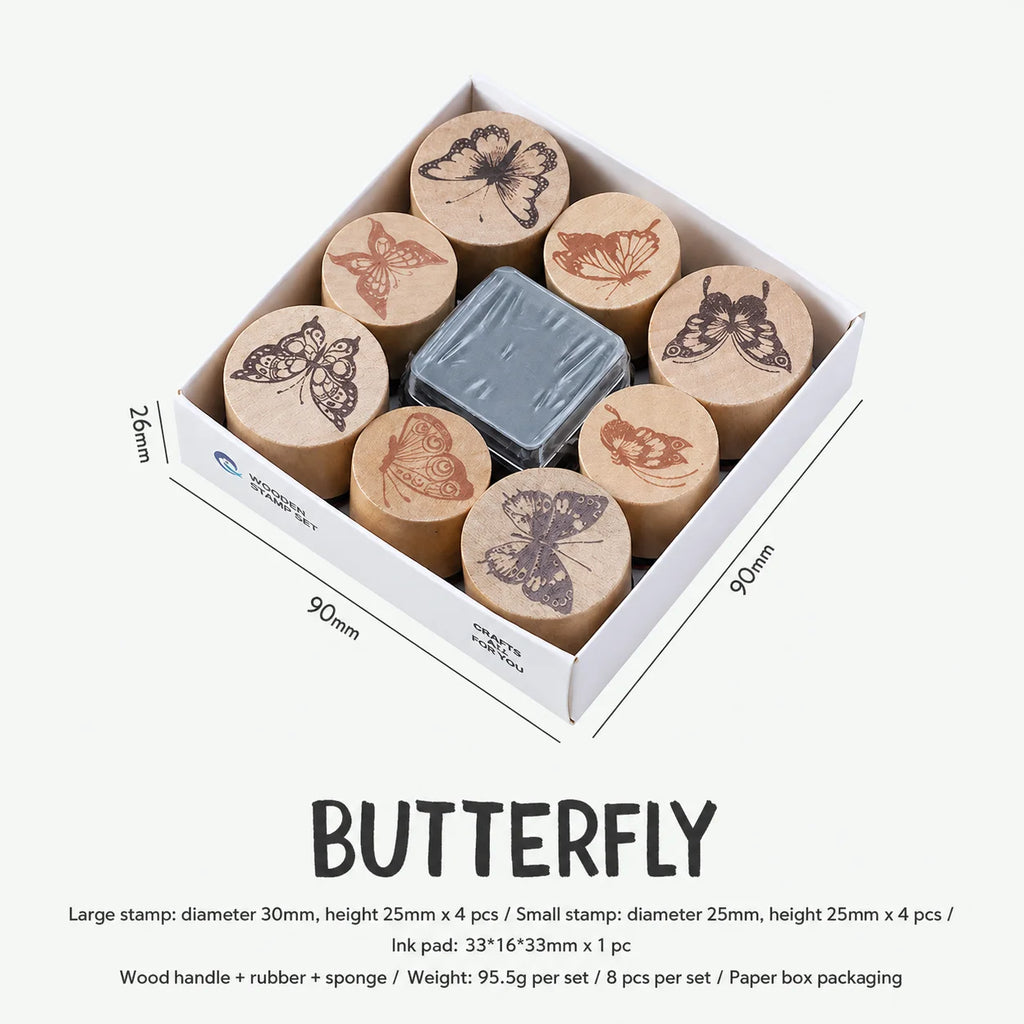 Butterfly Floral Wooden Rubber Stamp Set – 8pc + Ink Pad