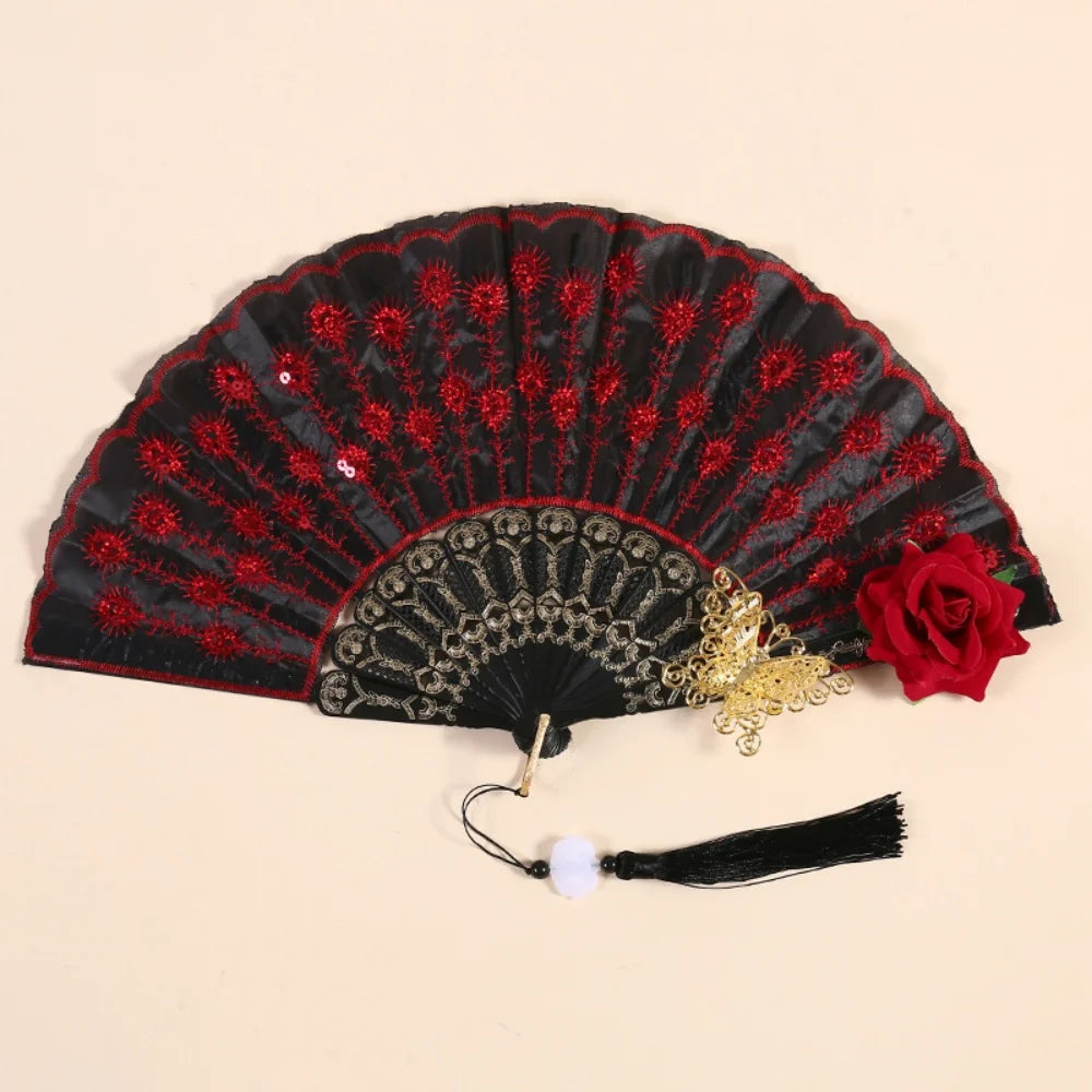 Sequin Embroidered Rose Folding Fan with Tassel – Vintage Style