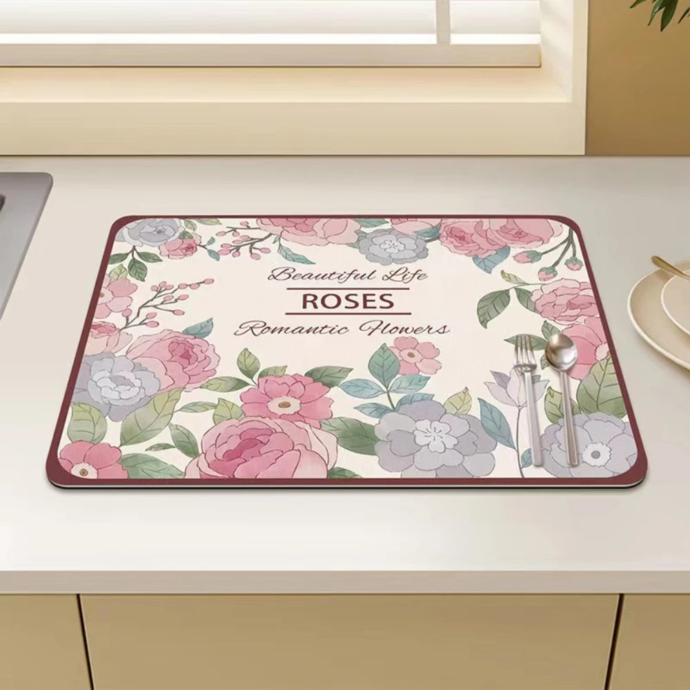 Floral Diatom Mud Absorbent Kitchen Drying Mat – Non-Slip