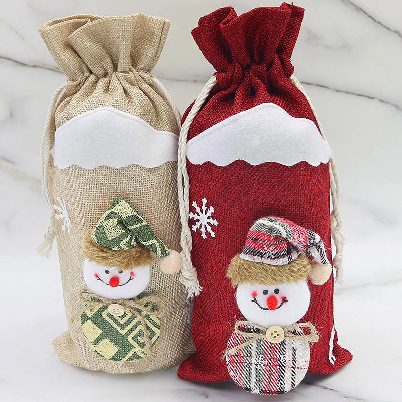 Christmas Linen Wine Bottle Gift Bag | Festive Holiday Wrap