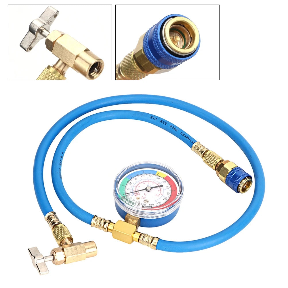 R134a Refrigerant Charging Hose with Pressure Gauge & Fittings