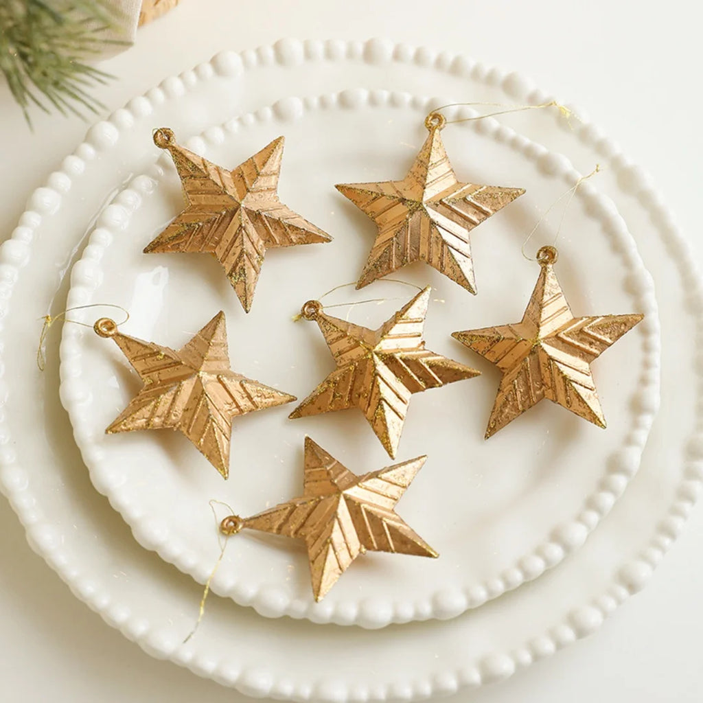 Retro Gold Glitter Christmas Pine Cone & Star Ornaments