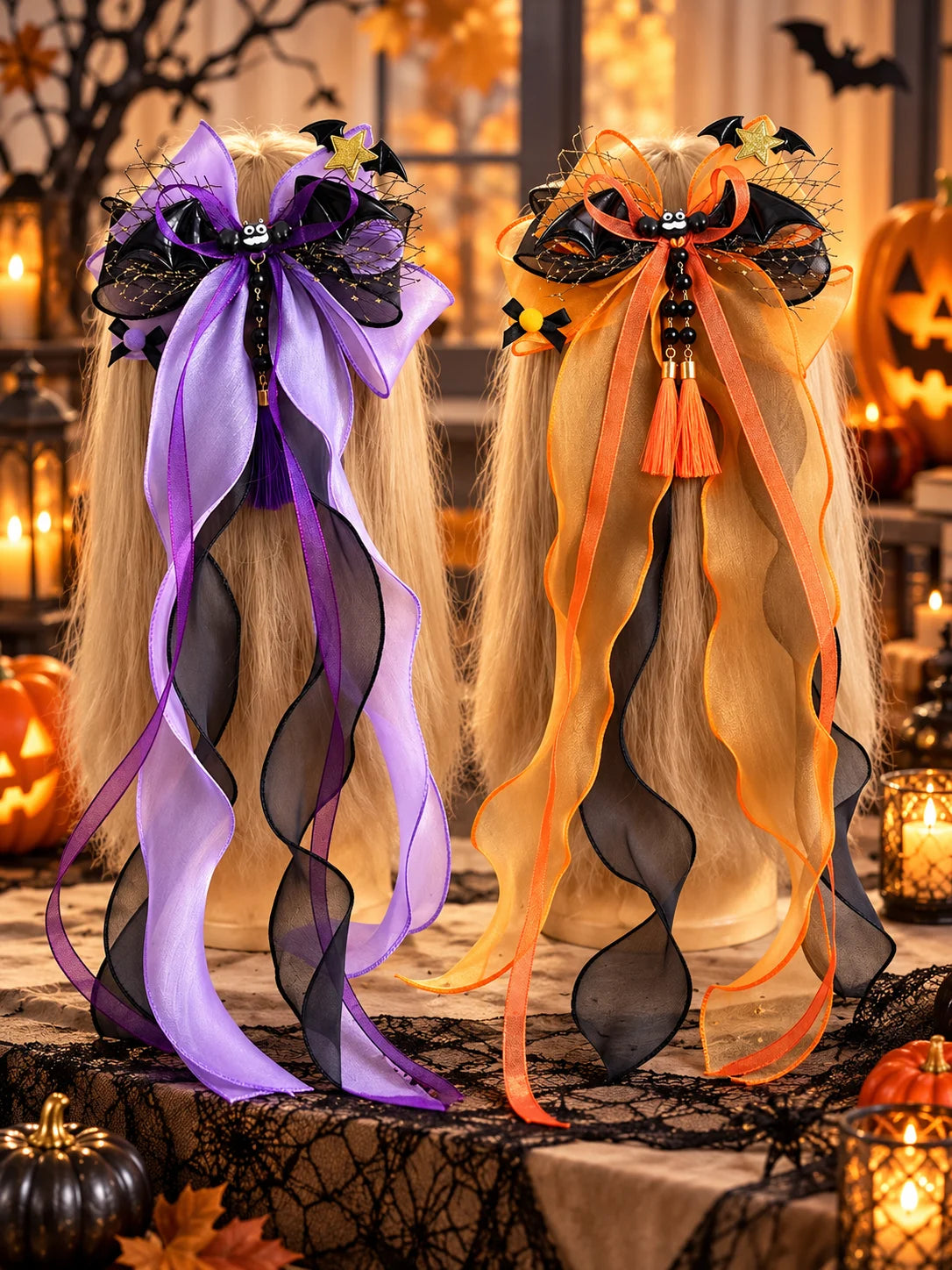 Halloween Witch Hat Hair Bow Clip | Pumpkin & Bat Charm