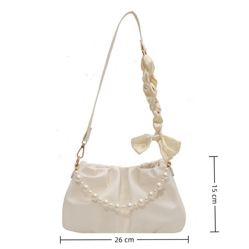Pleated PU Leather Shoulder Bag with Pearl Detail | Women's Purse