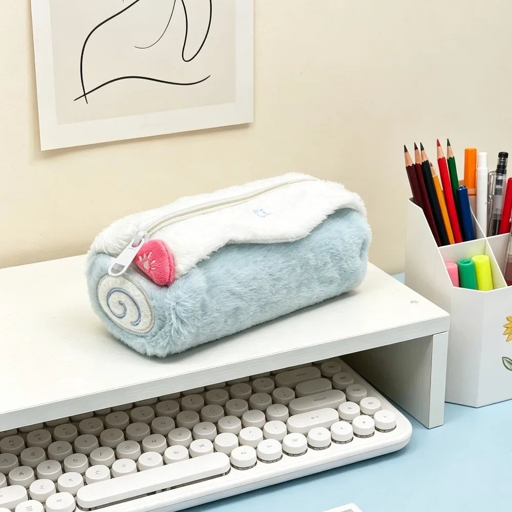 Kawaii Swiss Roll Plush Pencil Case – Large Capacity Pen Bag