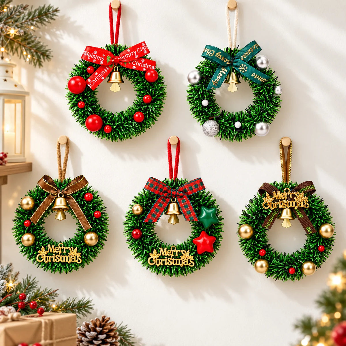 Mini Christmas Wreath Ornament with Bell, Bow & Balls