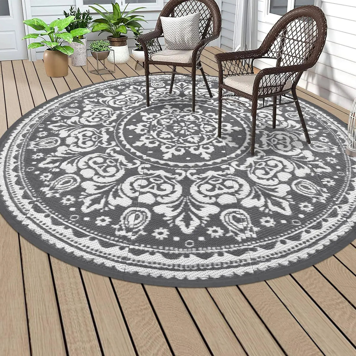 Round Outdoor Rug – Waterproof Anti-Slip Vintage Floral Mat