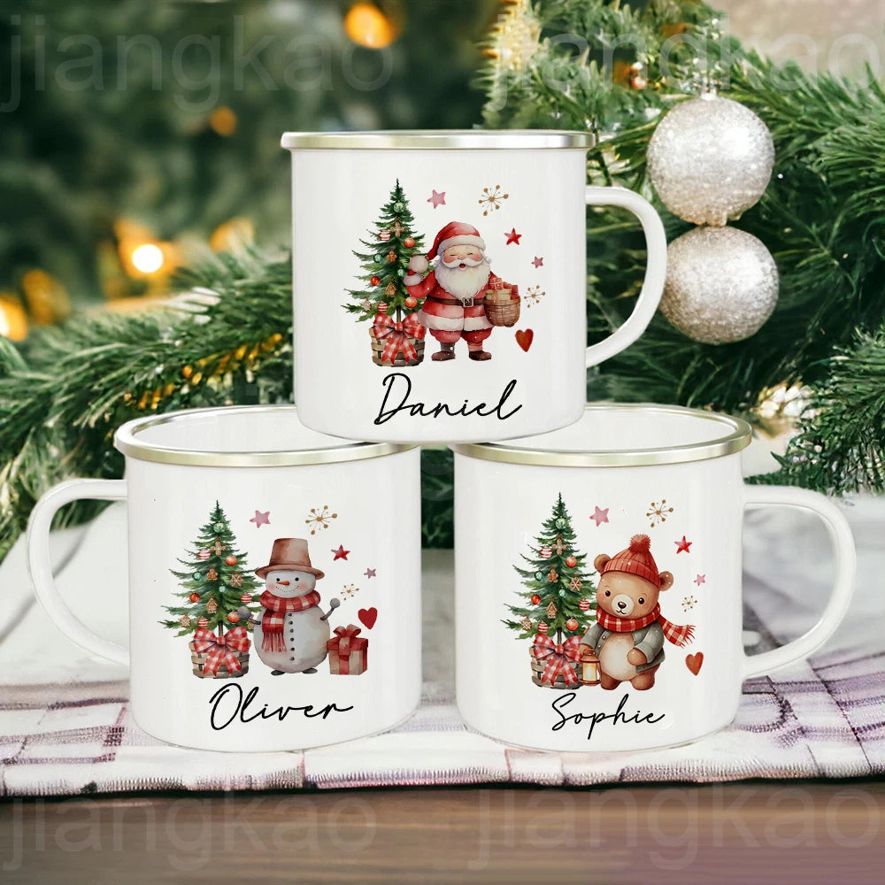Personalized Christmas Enamel Mug – Deer, Santa & Bear Design