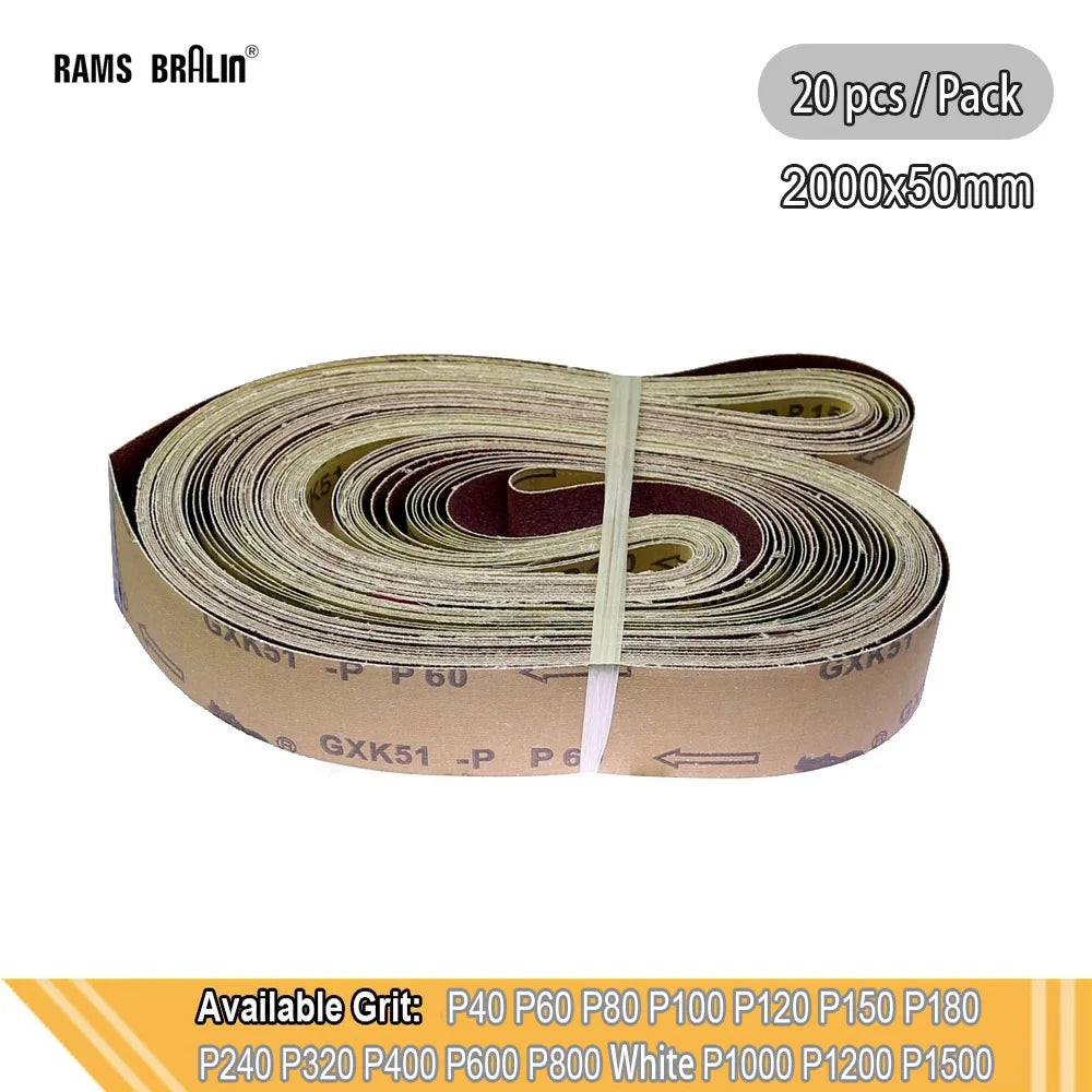 20-Pc Abrasive Sanding Belts 2000x50mm P40–P800 Mixed Grit