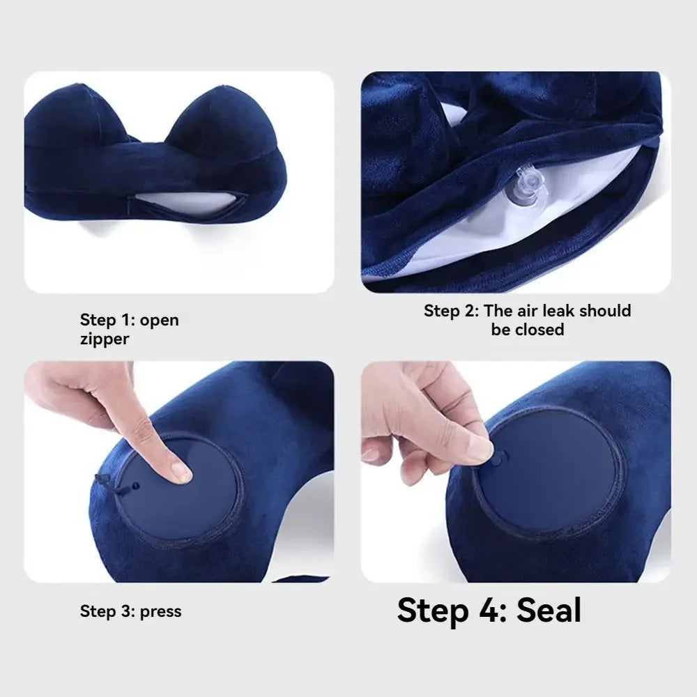 Inflatable U-Shape Travel Neck Pillow with Plush Cover & Bag