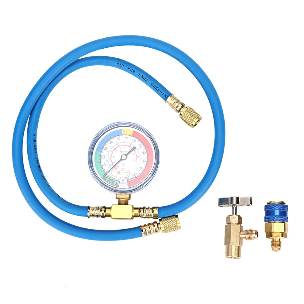 R134a Refrigerant Charging Hose with Pressure Gauge & Fittings