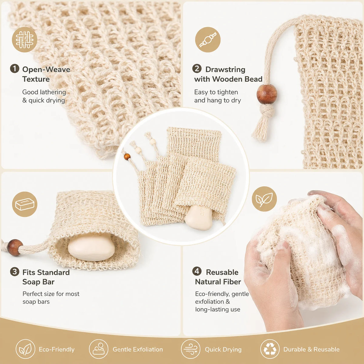 4-Pack Natural Sisal Soap Saver Bags – Exfoliating Bath Pouches
