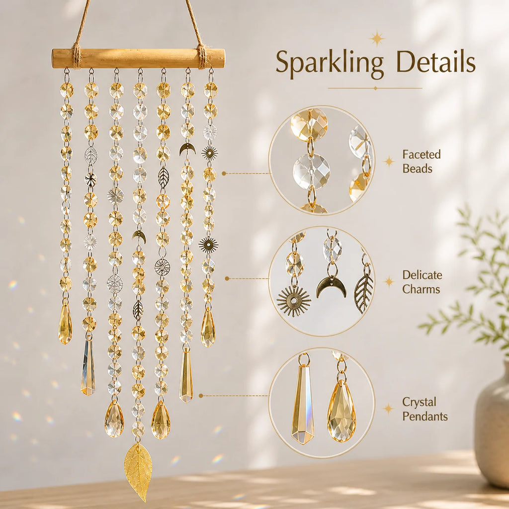 Boho Crystal Sun Catcher Hanging Decor – Sun Moon Leaf Charms