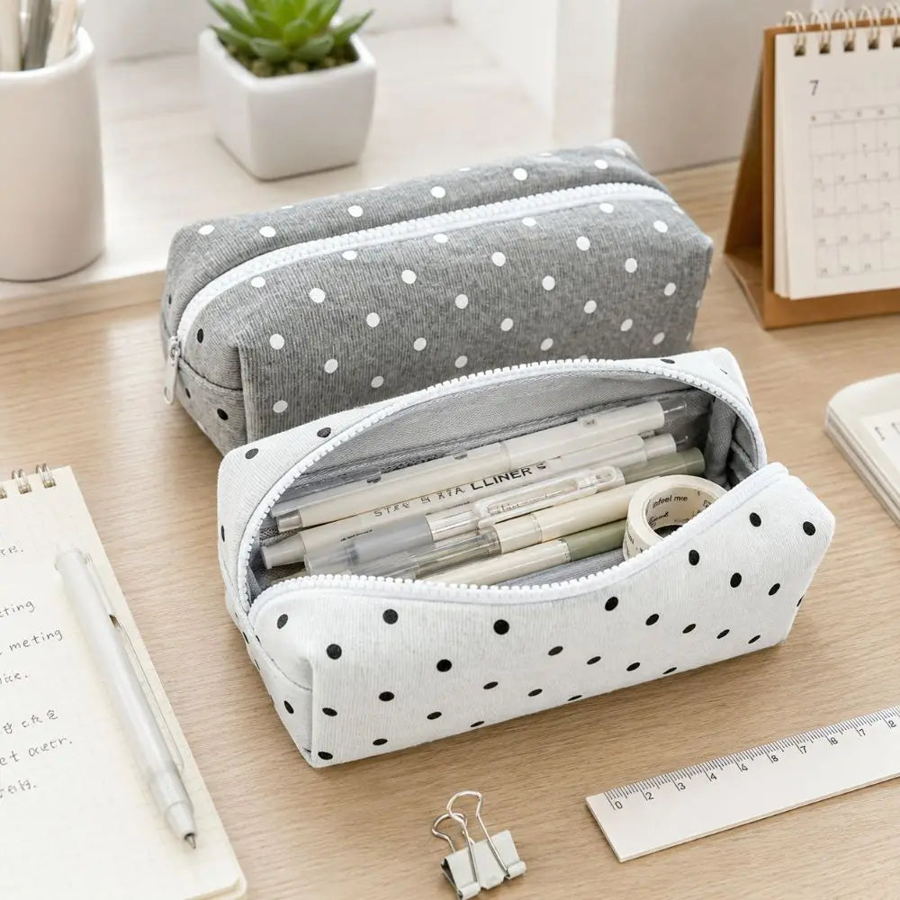 Large Polka Dot Pencil Case – Soft Fabric Pen Bag Organizer